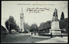 Carte postale ancienne Neuilly sur Seine Eglise Saint Pierre et Statue de Perronet
                                                                     à Neuilly-sur-Seine
                                