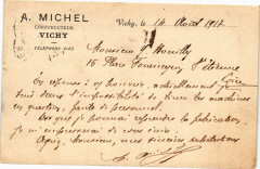 Vichy le . 14 Aout 1912 .. A. Michel - Constructeur - Vichy à Vichy