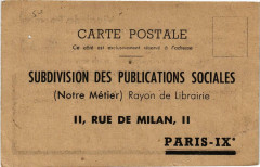 Paris (9e) 11 Rue de Milan. Subdiv des Publications Sociales -
																					75009 Paris 9e
																			