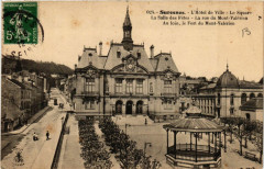 Carte postale ancienne L'Hôtel de Ville - Le Square - La Salle des Fêtes - La Rue du Mont-Valérien - Au loin, le fort du Mont-Valérien
                                                                     à Suresnes
                                