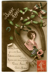 Fantaisie Bonne Année Femme et Gui Postcard Fantasy
