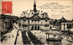 Carte postale ancienne L'Hôtel de Ville - Le Square - La Salle des Fêtes - La Rue du Mont-Valérien - Au loin, le fort du Mont-Valérien
                                                                     à Suresnes
                                