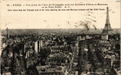 Vue prise de l'Arc de Triomphe vers les Avenues d'Iéna et Marceau et la Tour Eiffel à Paris 16e