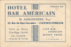 Clermont-Ferrand Hotel Bar Americain - Advertising Card à Clermont-Ferrand