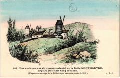 Une ancienne vue du versant oriental de la Butte Montmartre, appelée Butte des Cinq Moulins à Paris 18e