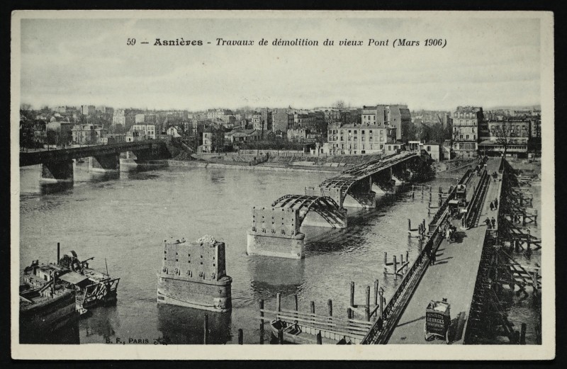 Carte postale ancienne Travaux de démolition du vieux Pont à Clichy