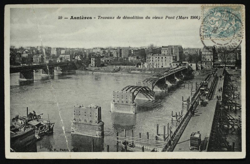 Carte postale ancienne Travaux de démolition du vieux Pont à Clichy