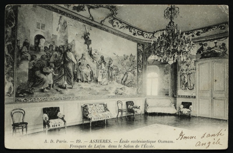 Carte postale ancienne Ecole ecclésiastique Ozanam, fresques de Lafon dans le Salon de l'Ecole à Asnières-sur-Seine