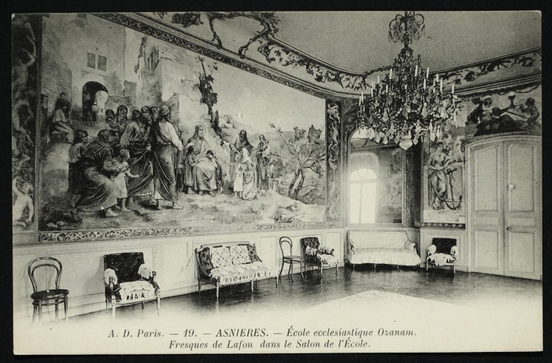 Carte postale ancienne Ecole ecclésiastique Ozanam, fresques de Lafon dans le Salon de l'Ecole à Asnières-sur-Seine