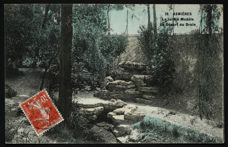 Carte postale ancienne Le jardin modèle -le départ du Drain à Asnières-sur-Seine