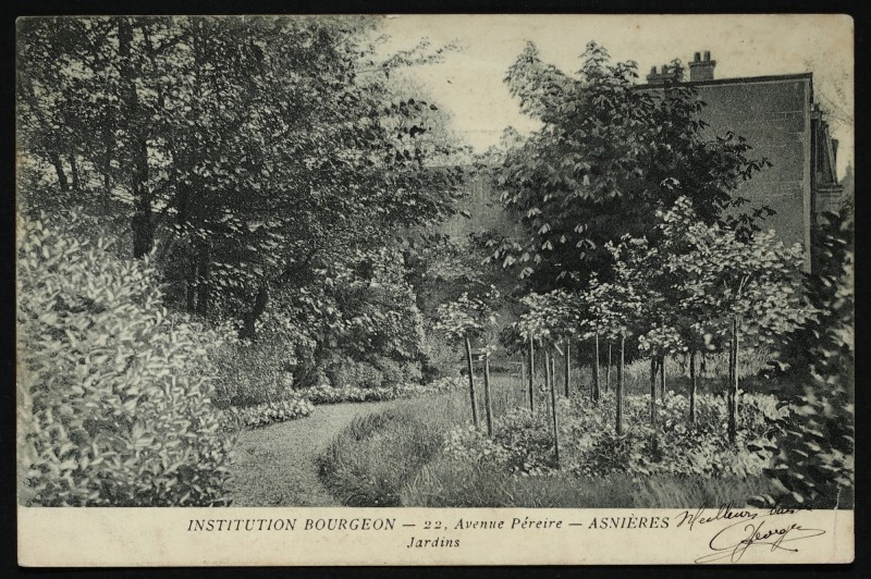 Carte postale ancienne Institution Bourgeon - 22, avenue Péreire - Jardins à Asnières-sur-Seine