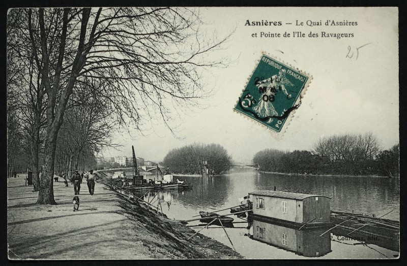 Carte postale ancienne Le Quai d'Asnières et pointe de l'Ile des Ravageurs à Asnières-sur-Seine
