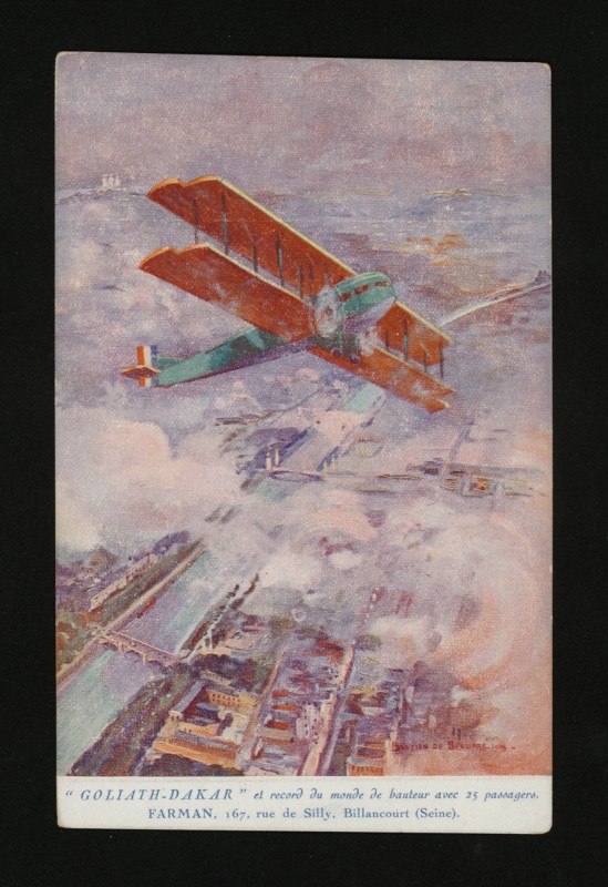 Carte postale ancienne "Goliath-Dakar" et record du monde de hauteur avec 25 passagersz. Farman, 167 rue de Silly à Boulogne-Billancourt