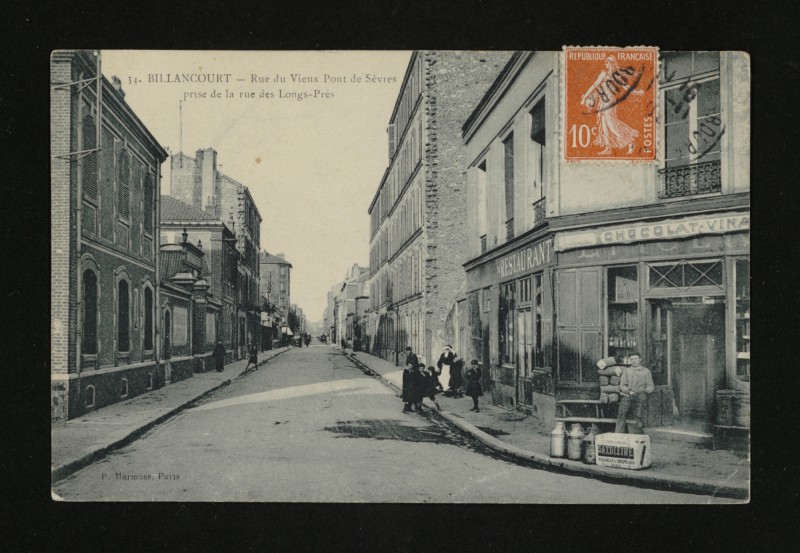 Carte postale ancienne Rue du Vieux Pont de Sèvres prise de la rue des Longs-Près à Boulogne-Billancourt