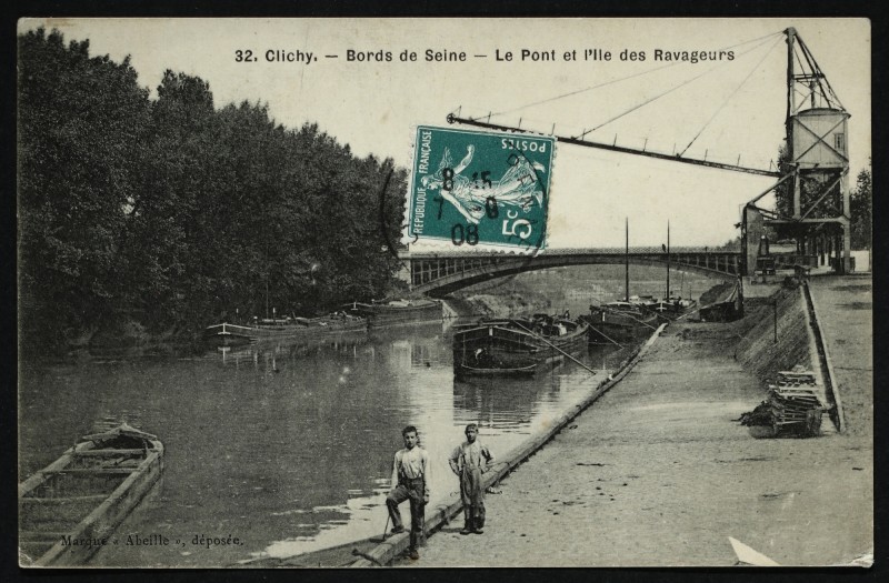 Carte postale ancienne Bords de Seine - Le Pont et l'Ile des Ravageurs à Clichy