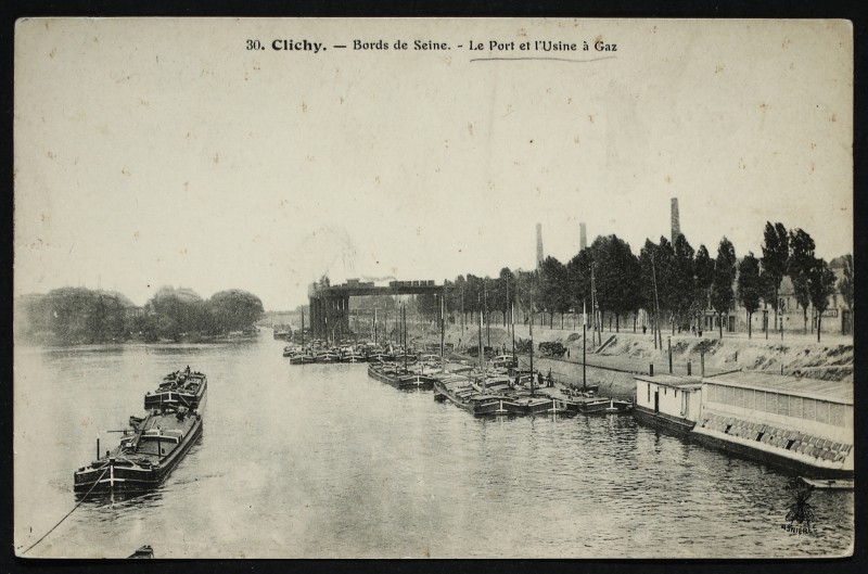 Carte postale ancienne Bords de Seine - Le Port et l'Usine à Gaz à Clichy