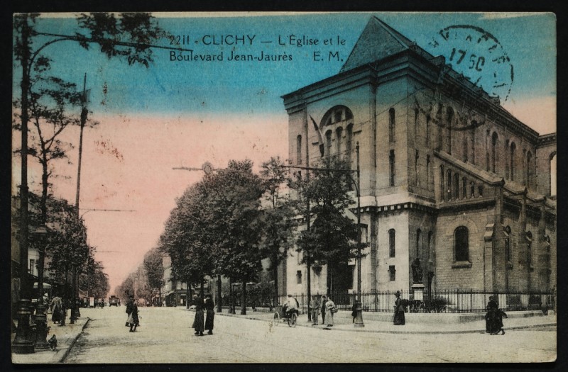 Carte postale ancienne L'Eglise et le Boulevard Jean-Jaurès à Clichy