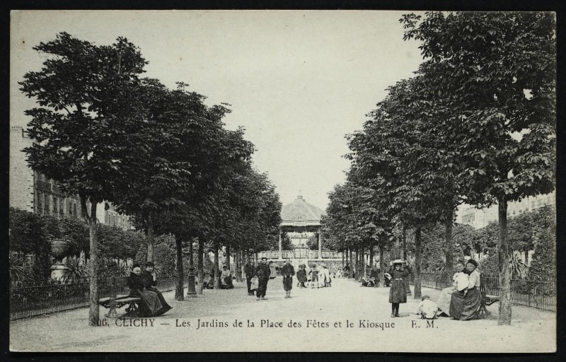 Carte postale ancienne Les Jardins de la Place des Fêtes et le Kiosque à Clichy