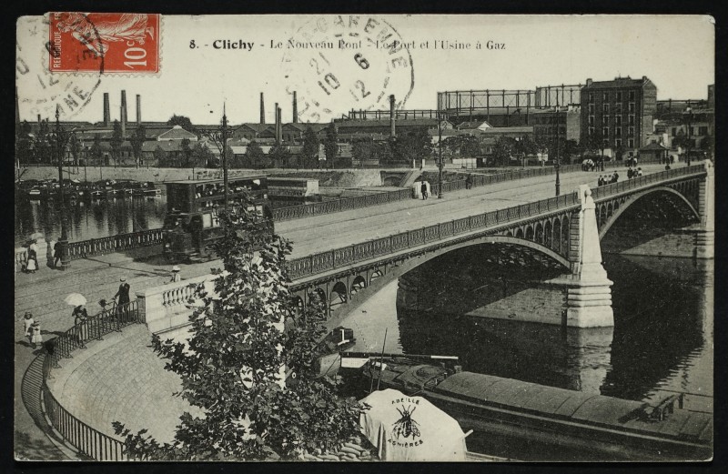 Carte postale ancienne Le Nouveau Pont, le Port et l'Usine à Gaz à Asnières-sur-Seine
