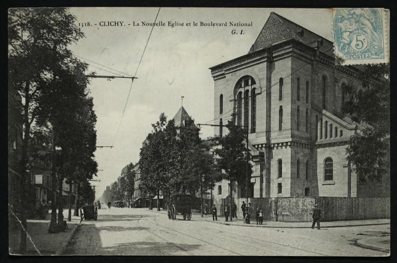 Carte postale ancienne La Nouvelle Eglise et le Boulevard National à Clichy