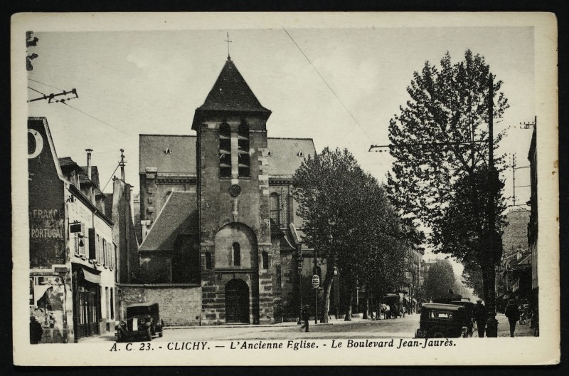 Carte postale ancienne L'Ancienne Eglise - Le Boulevard Jean-Jaurès à Clichy