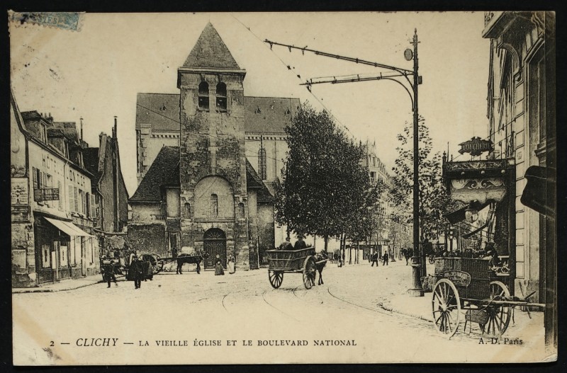 Carte postale ancienne La vieille Eglise et le Boulevard National à Clichy