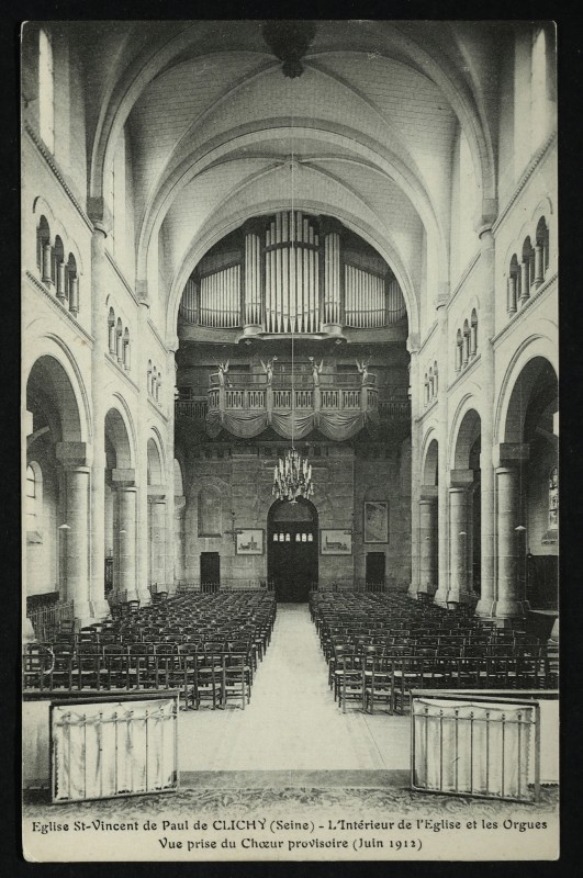 Carte postale ancienne Eglise Saint-Vincent de Paul - L'Intérieur de l'Eglise et les Orgues à Clichy