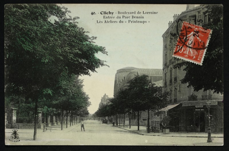Carte postale ancienne Boulevard de Lorraine - Entrée du parc Denain - Les Ateliers du Printemps à Clichy