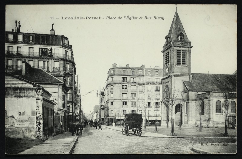 Carte postale ancienne Place de l'Eglise et Rue Rivay à Levallois-Perret