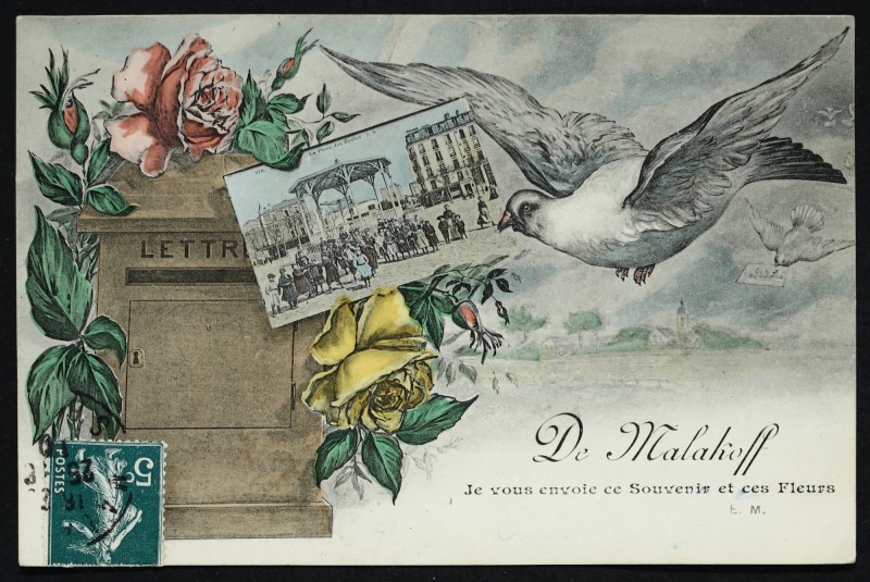 Carte postale ancienne Je vous envoie ce Souvenir et ces Fleurs à Malakoff