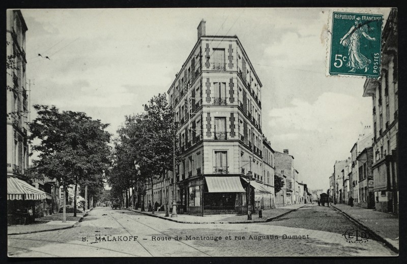 Carte postale ancienne Route de Montrouge et rue Auguste Dumont à Malakoff