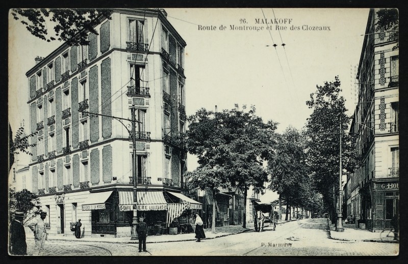 Carte postale ancienne Route de Montrouge et Rue des Clozeaux à Malakoff