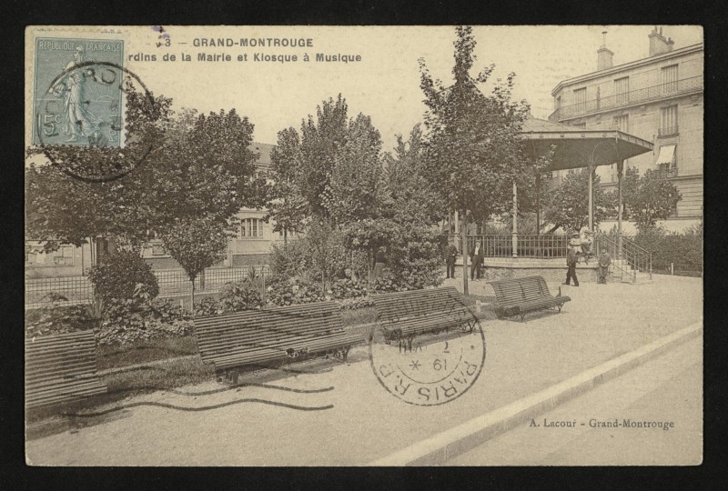 Carte postale ancienne Jardins de la Mairie et Kiosque à Musique à Montrouge