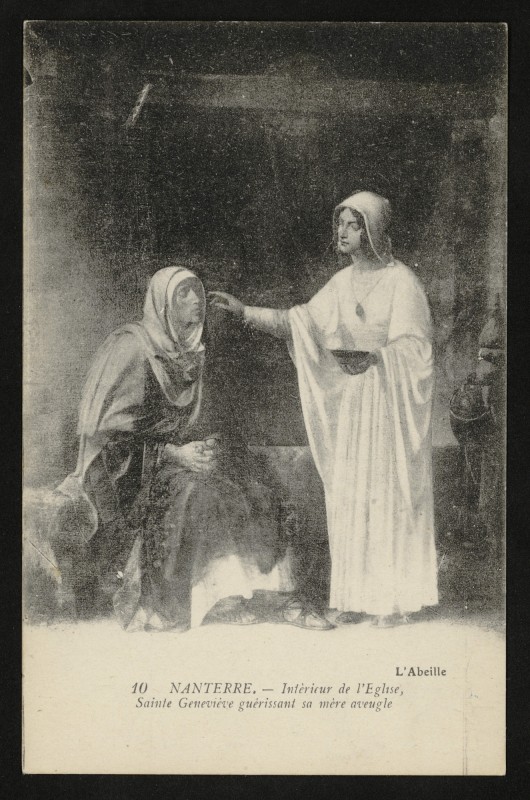 Carte postale ancienne Intérieur de l'Eglise, sainte Geneviève guérissant sa mère aveugle à Nanterre