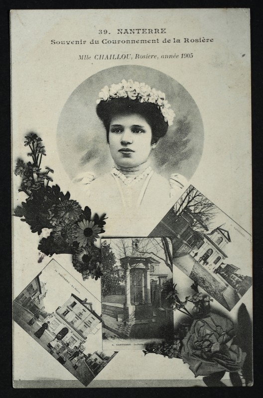Carte postale ancienne Souvenir du couronnement de la Rosière. Melle Chaillou, Rosière, année 1905 à Nanterre