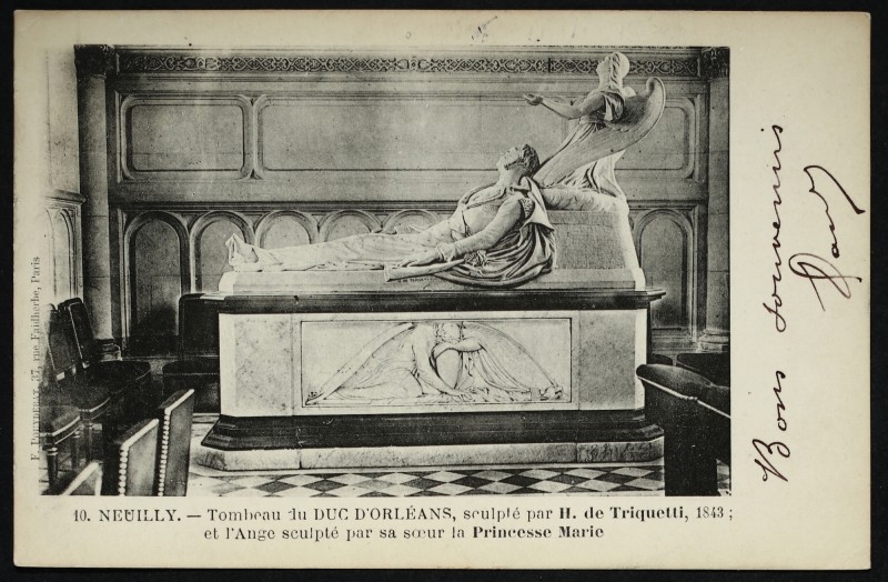 Carte postale ancienne Tombeau du duc d'Orléans, sculpté par H. de Triquetti, 1843 et l' Ange sculpté par sa soeur la Princesse Marie à Neuilly-sur-Seine