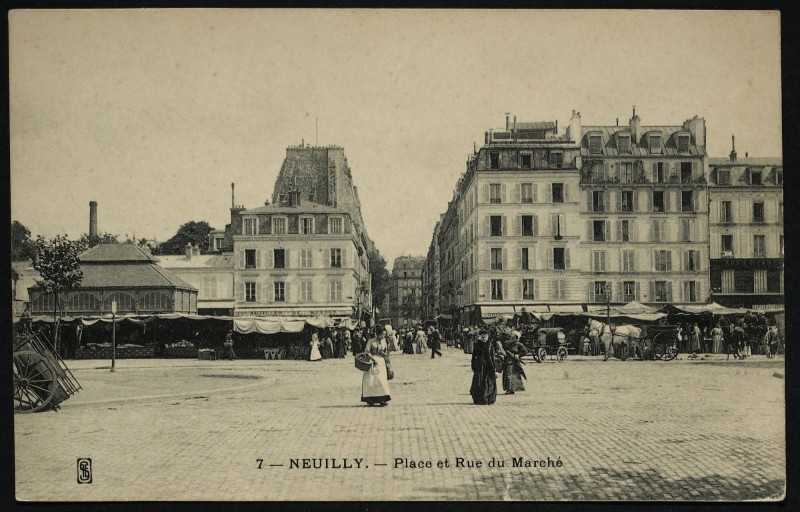 Carte postale ancienne Place et rue du Marché à Neuilly-sur-Seine