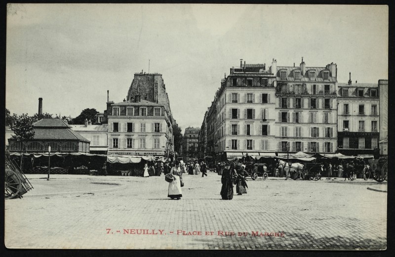 Carte postale ancienne Place et rue du Marché à Neuilly-sur-Seine