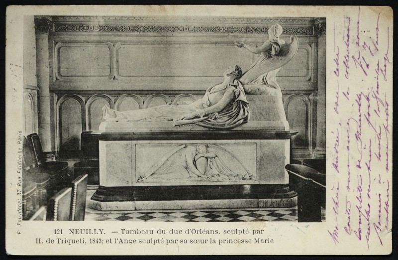 Carte postale ancienne Tombeau du duc d'Orléans sculpté par H. de Triquetti, 1843 ; et l'Ange sculpté par sa soeur la princesse Marie à Neuilly-sur-Seine