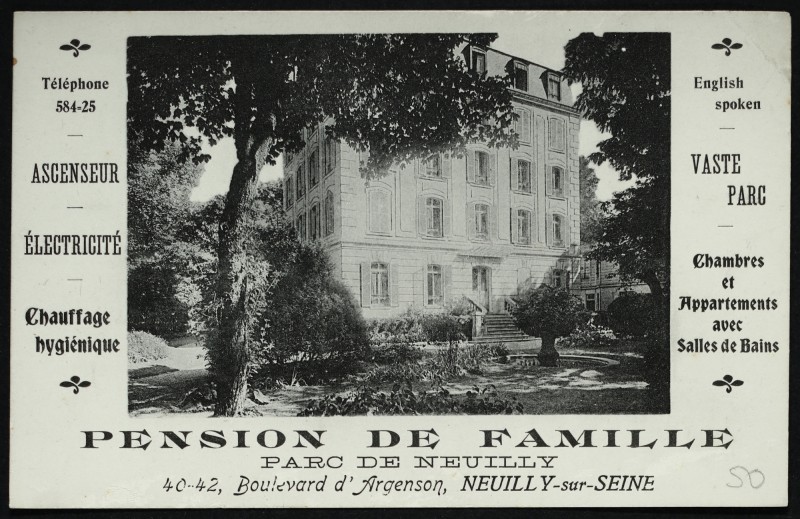 Carte postale ancienne Pension de famille, parc de Neuilly à Neuilly-sur-Seine