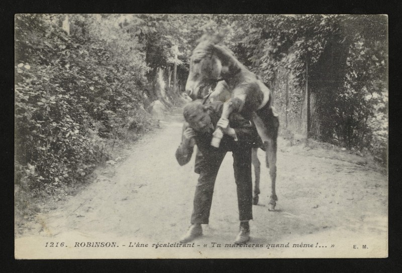 Carte postale ancienne Robinson - L'âne récalcitrant - "Tu marcheras quand même" au Plessis-Robinson