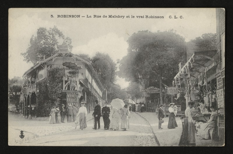 Carte postale ancienne Robinson - La Rue de Malabry et le vrai Robinson au Plessis-Robinson