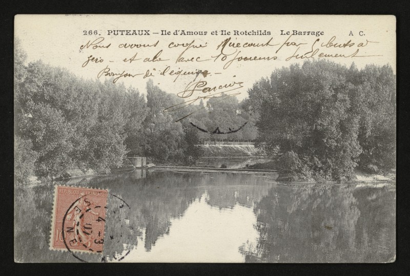 Carte postale ancienne Ile d'Amour et Ile Rotchilds - Le Barrage à Puteaux