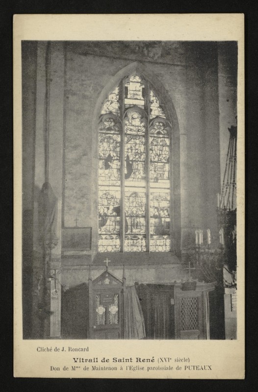 Carte postale ancienne Vitrail de Saint René (XVIè siècle). Don de Mme de Maintenon à l'Eglise paroissiale de puteaux à Puteaux