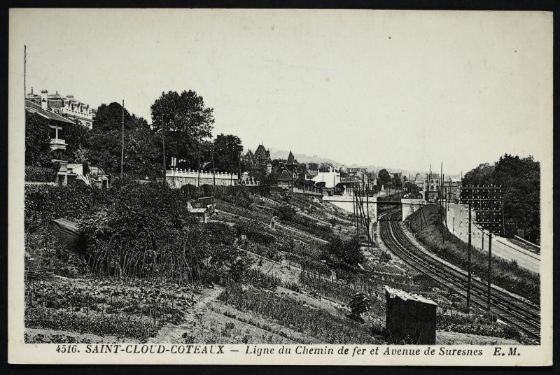 Carte postale ancienne Saint-Cloud Coteaux - Ligne du Chemin de fer et Avenue de Suresnes à Saint-Cloud