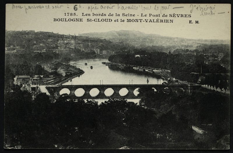 Carte postale ancienne Les bords de la Seine - Le Pont de Sèvres, Boulogne, St-Cloud et le Mont-Valérien à Boulogne-Billancourt