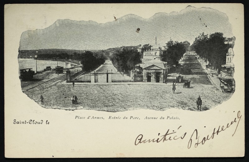 Carte postale ancienne Place d'Armes. Entrée du Parc. Avenue du Palais à Saint-Cloud