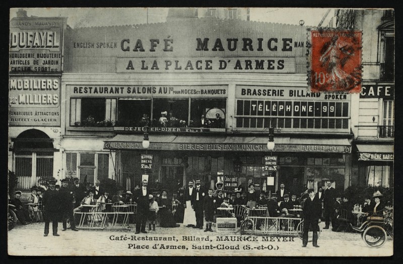 Carte postale ancienne Café-Restaurant, Billard, Maurice meyer - Place d'Armes à Saint-Cloud