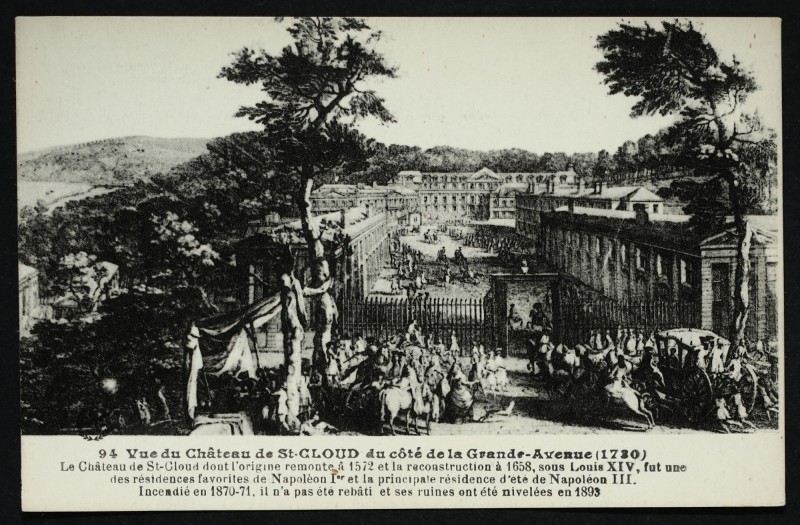 Carte postale ancienne Vue du Château de St-Cloud à côté de la Grande-Avenue (1730) à Saint-Cloud