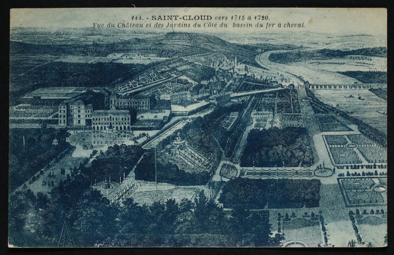 Carte postale ancienne Saint-Cloud vers 1715 à 1720 - Vue du Château et des Jardins du Côpté du bassin du fer à cheval à Saint-Cloud